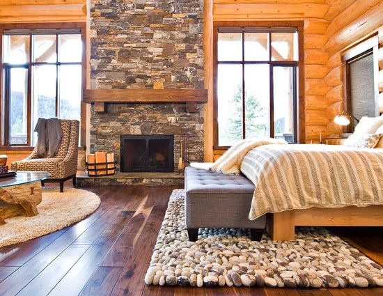 Eclectic Bedroom Stone Fireplace Wood Mantel