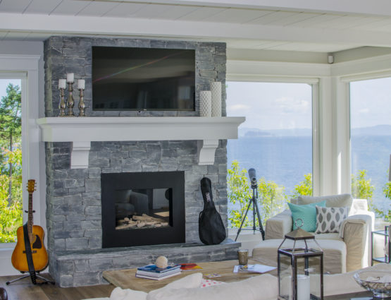 Living Room Ledge Stone Fireplace TV