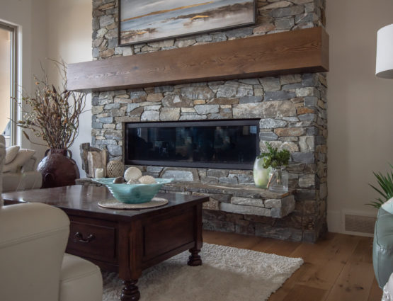 Modern Ledge Stone Fireplace Wood Mantel