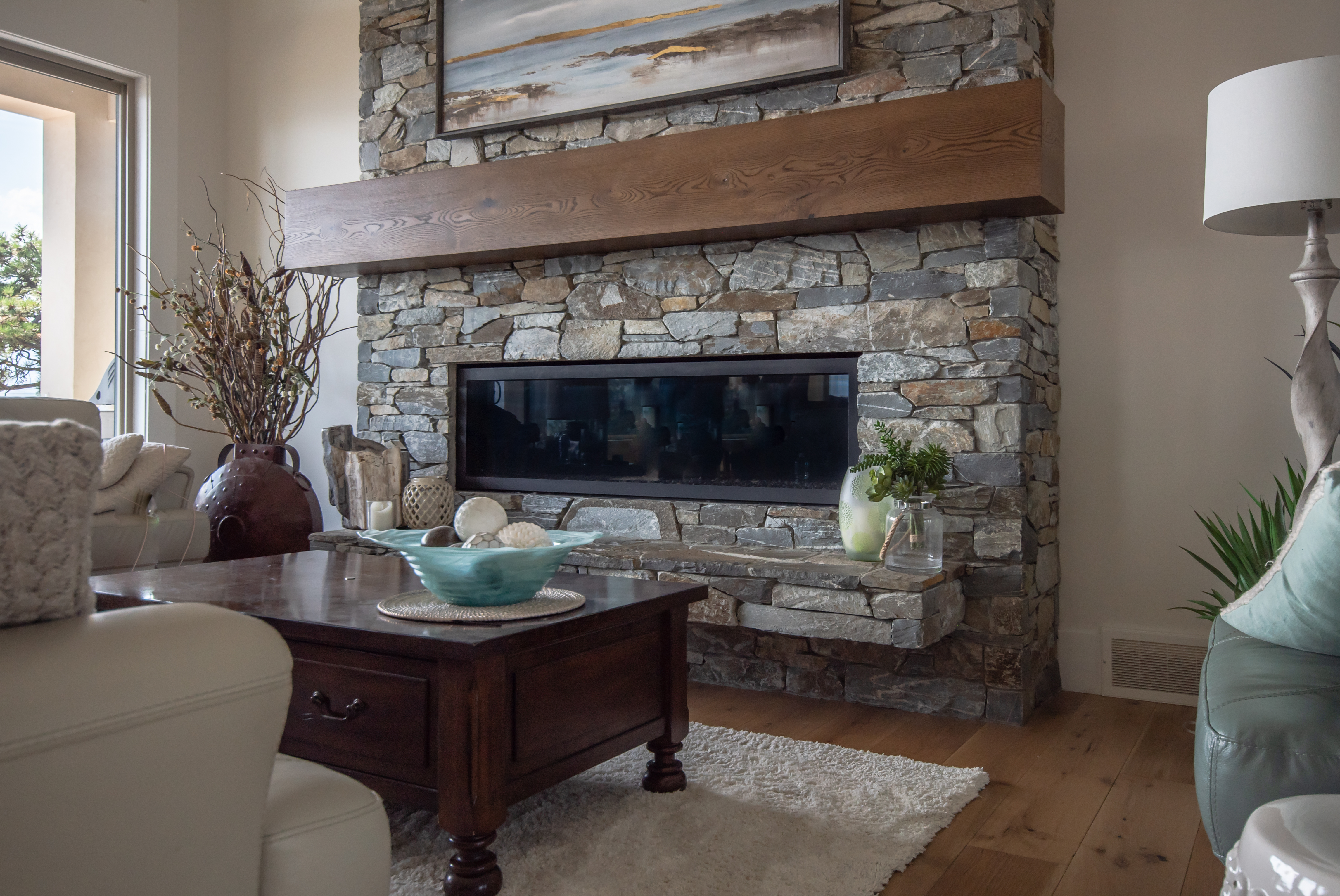 Modern Ledge Stone Fireplace Wood Mantel
