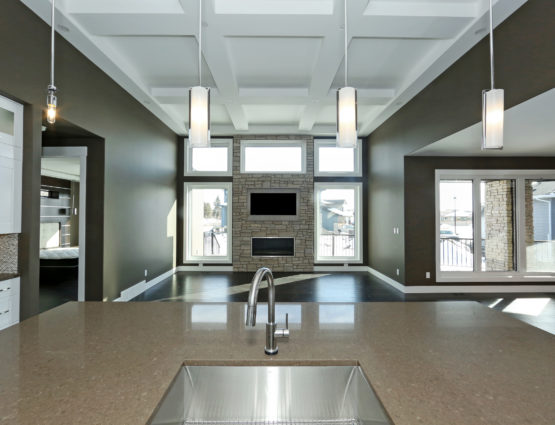 Modern Open Concept Living Space Kitchen Stone Feature Wall