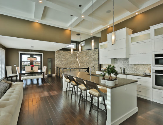 Open Concept Living Room Stone Feature Wall