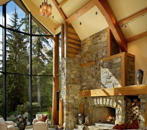 Timber Frame Accents Living Room Stone Feature Wall