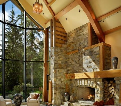 Timber Frame Accents Living Room Stone Feature Wall
