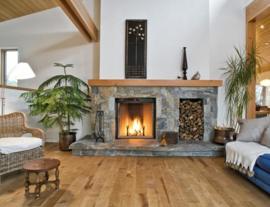 Traditional Fieldstone Fireplace with Stone Hearth